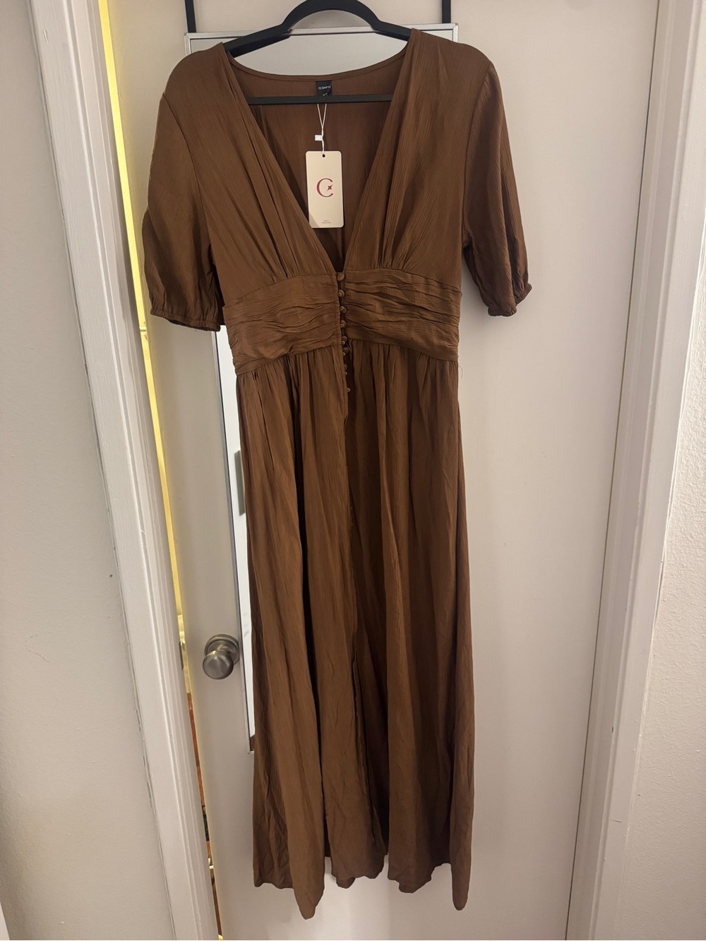 Brown V-Neck Midi Dress with Ruched Waist